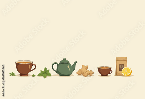 Ginger Lemon Tea with Mint, Teapot, and Tea Bag