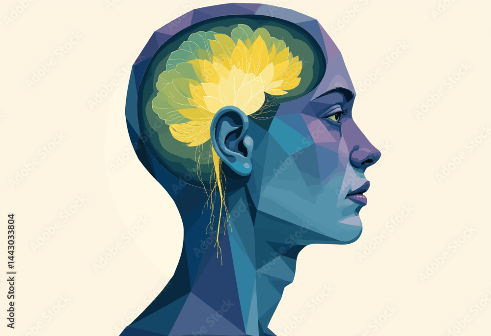 Geometric Woman with Floral Brain Concept