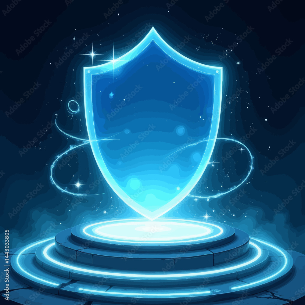 Glowing blue shield on a pedestal with cosmic background