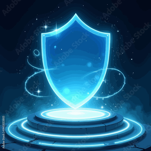 Obraz na płótnie Glowing blue shield on a pedestal with cosmic background w salonie