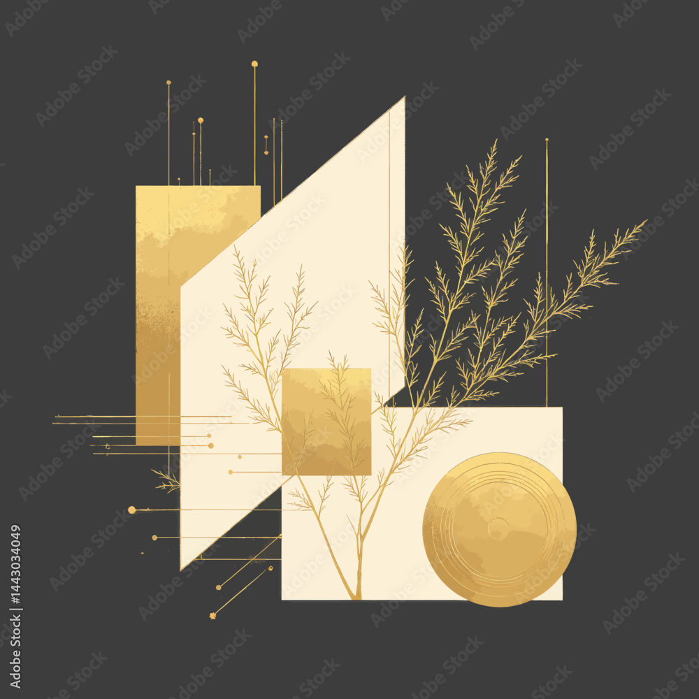 Geometric Gold and Cream Abstract with Botanical Accent