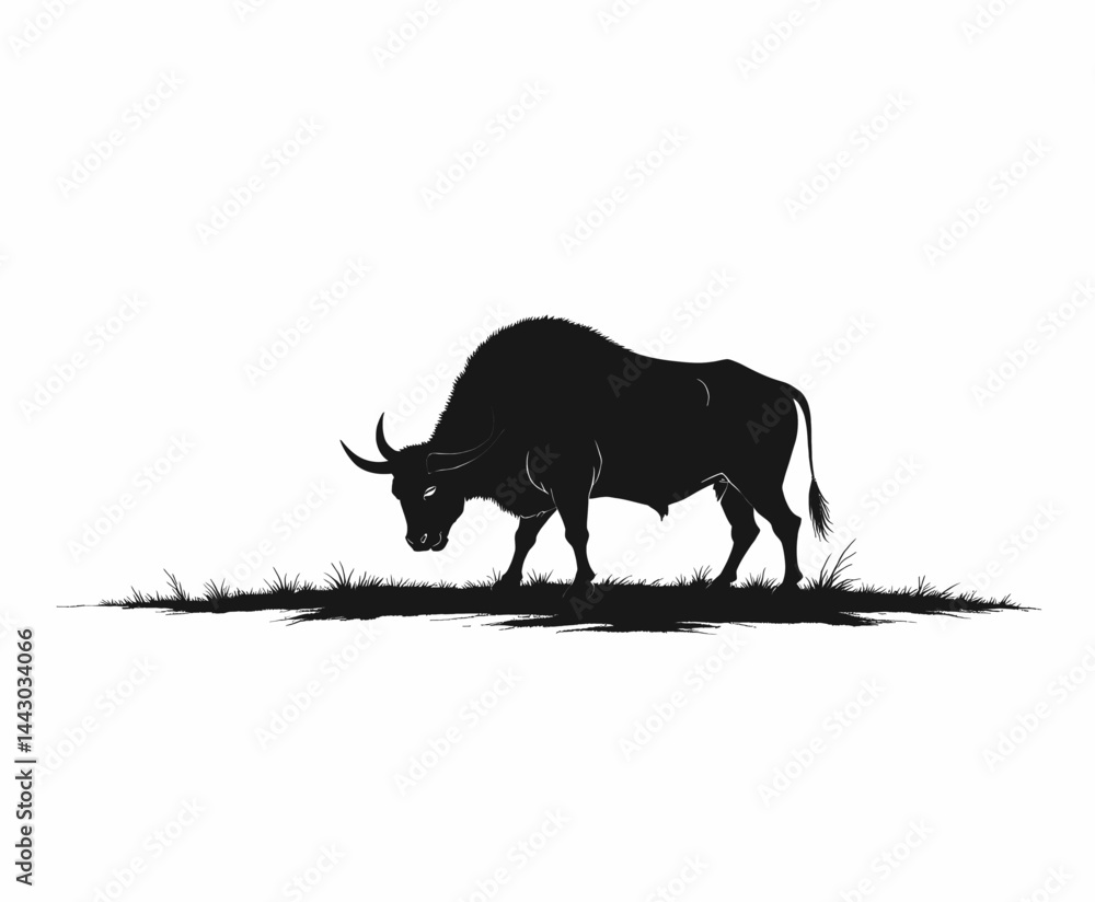 Gaur Silhouette Grazing in Grassy Field
