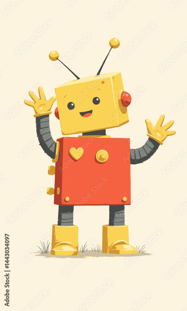 Friendly Yellow and Red Cartoon Robot Character Waving