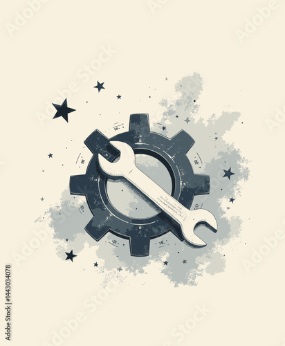 Gear and Wrench with Stars Illustration