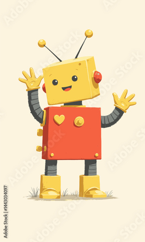Obraz na płótnie Friendly Yellow and Red Cartoon Robot Character Waving w salonie