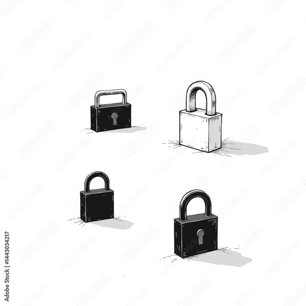 Four Padlocks: Black and White Sketch Style