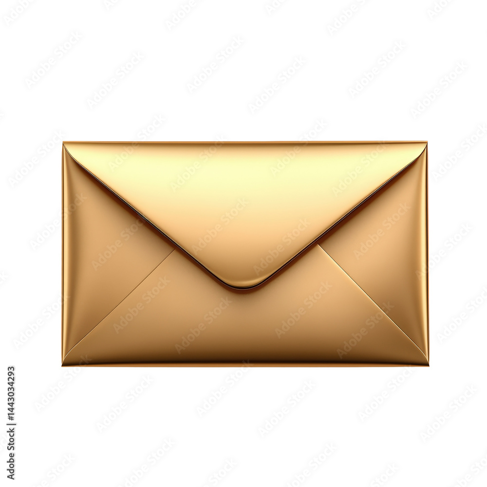 Elegant golden envelope with smooth curved flap and sleek design, centered on white background, minimalistic and luxurious presentation for correspondence Elegant golden envelope with smooth curved flap and sleek design, centered on white background, minimalistic and luxurious presentation for correspondence