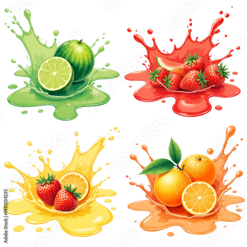 Obraz na płótnie Fruit Splash: Lime, Watermelon, Strawberry, Orange Juice w salonie