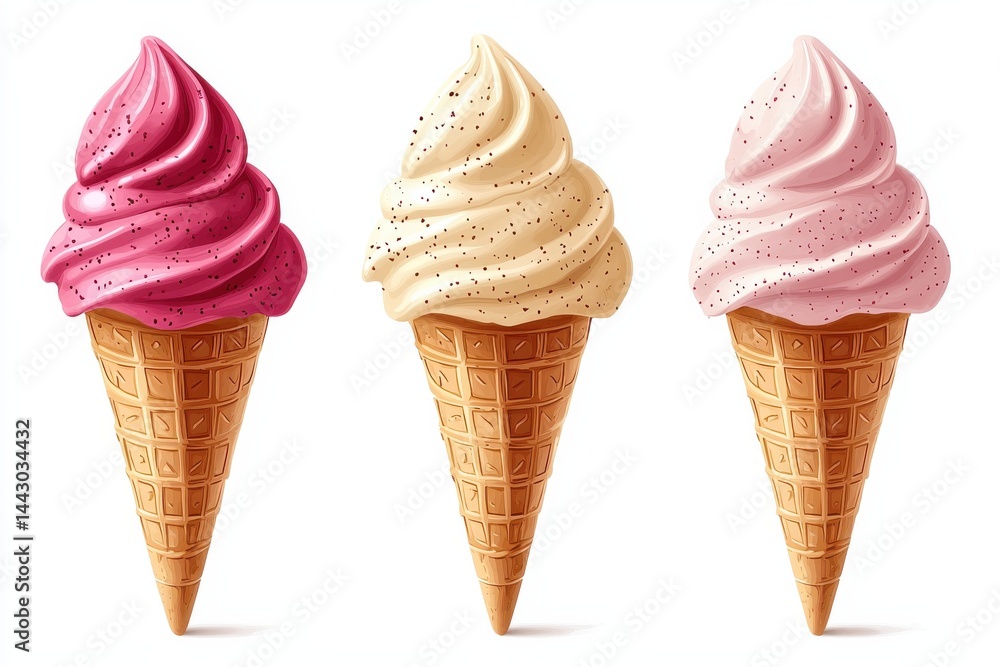 Three colorful ice cream cones representing a summer dessert treat Three colorful ice cream cones representing a summer dessert treat