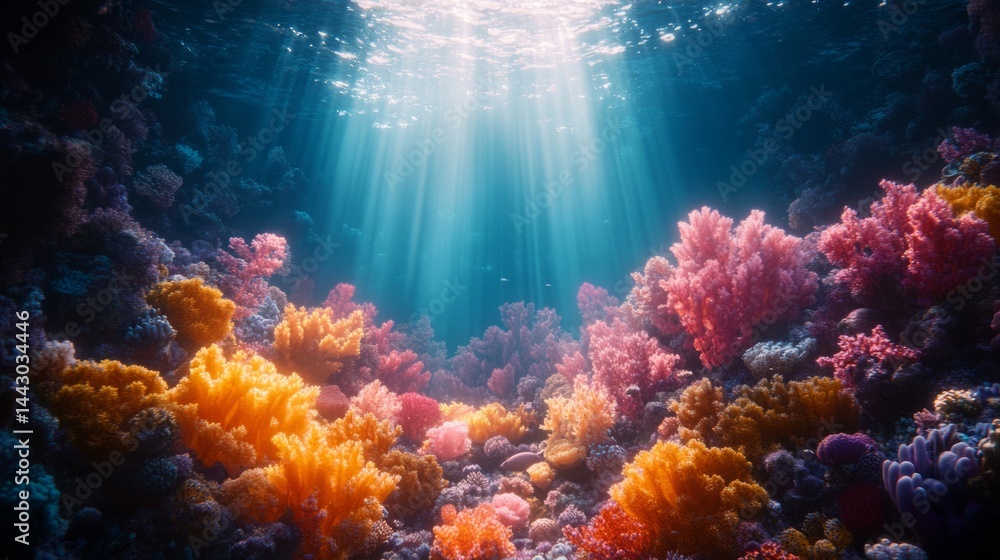 Fototapeta premium Vibrant Coral Reef Underwater Scene With Sunlight