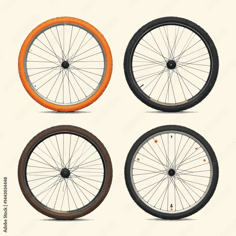 Four Bicycle Wheels with Different Colored Tires