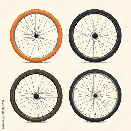 Obraz na płótnie Four Bicycle Wheels with Different Colored Tires w salonie
