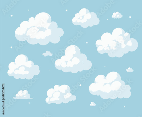Obraz na płótnie Fluffy white clouds and stars on light blue sky background w salonie