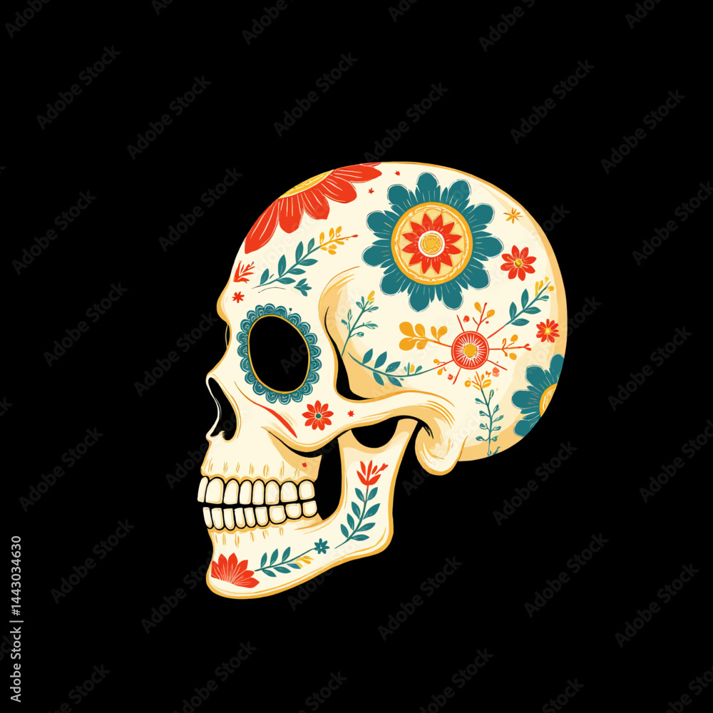 Floral Sugar Skull on Black Background