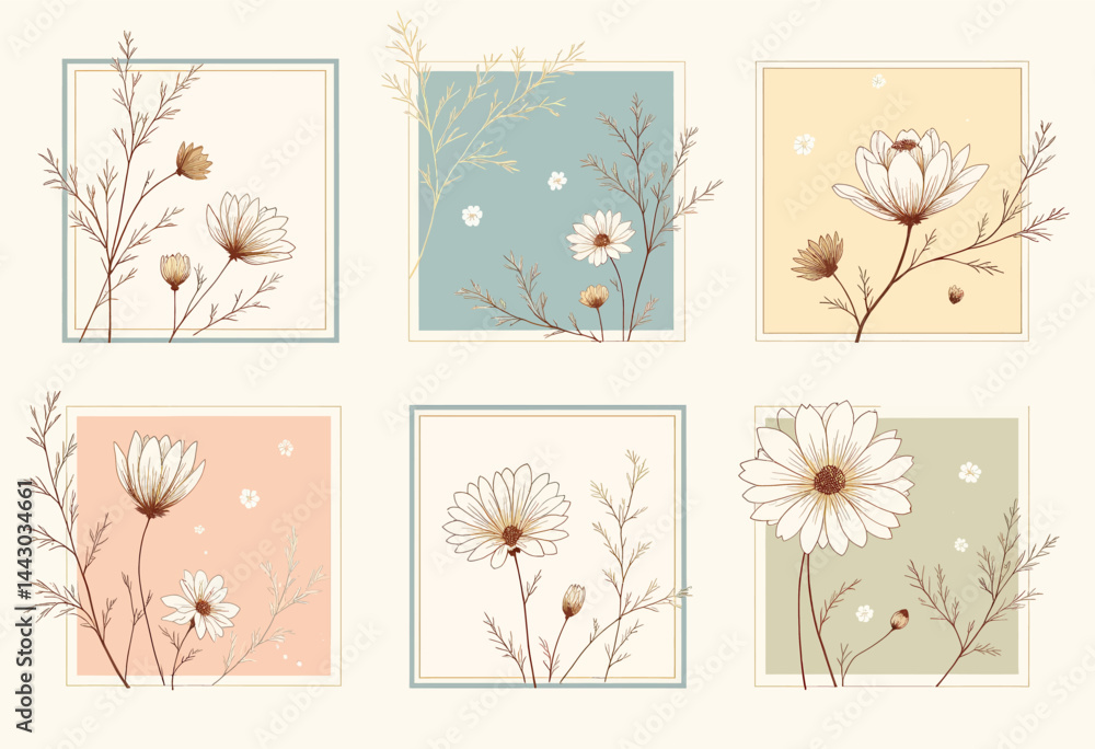 Floral Squares: Daisy and Branch Art in Pastel Hues