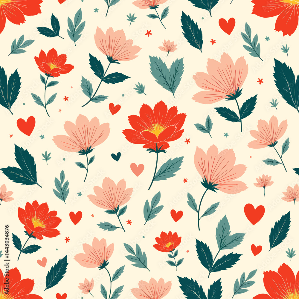 Floral Pattern with Red Flowers, Hearts, and Green Leaves