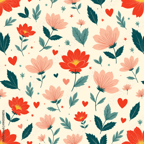 Obraz na płótnie Floral Pattern with Red Flowers, Hearts, and Green Leaves w salonie
