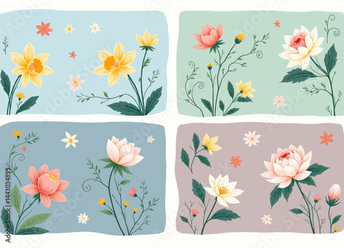 Obraz na płótnie Floral Pattern with Yellow, Pink, and White Flowers on Pastel Backgrounds w salonie