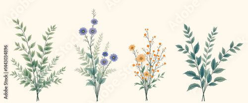 Obraz na płótnie Floral Vector Illustration with Blue and Orange Flowers and Greenery w salonie