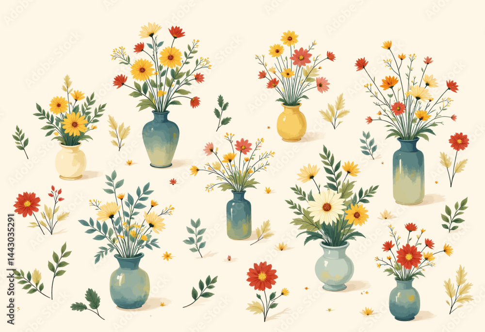 Floral Pattern: Daisies in Vases with Foliage
