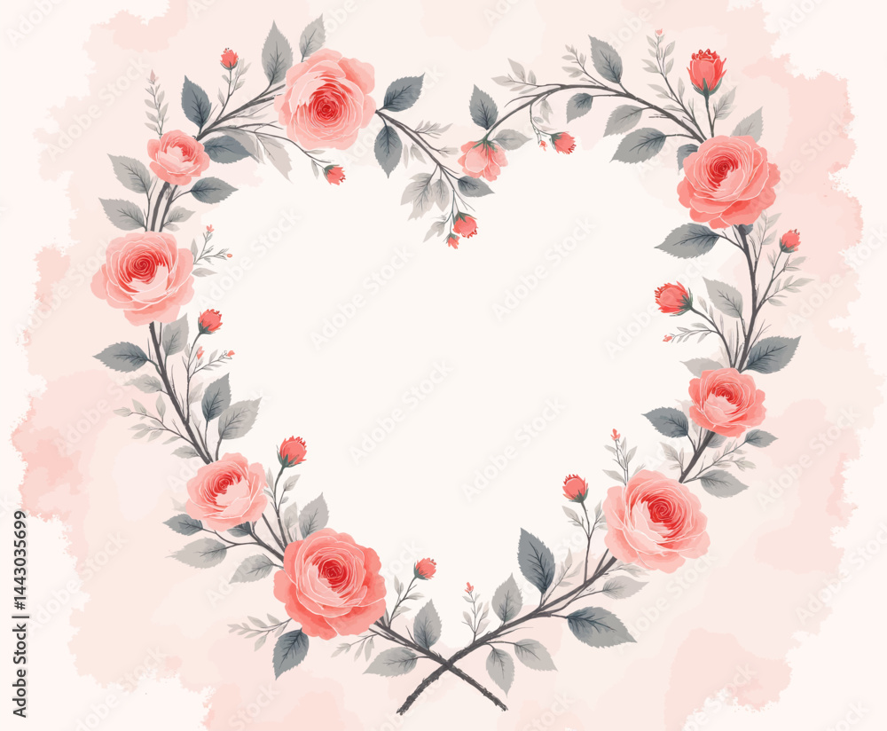 Floral heart frame with pink roses and gray leaves