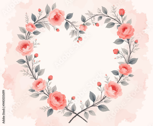 Obraz na płótnie Floral heart frame with pink roses and gray leaves w salonie
