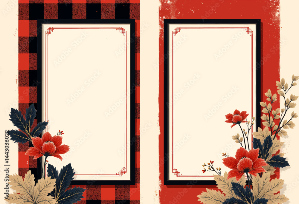 Floral Frames with Plaid and Red Textures