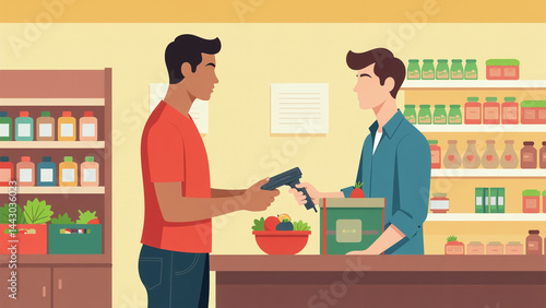cashier scans groceries man standing near desk supermarket store purchases barcode scanner retail setting