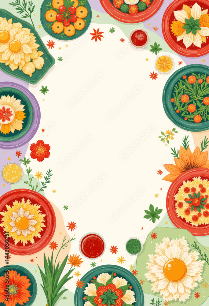 Floral Food Art Border with Colorful Plates and Sauces
