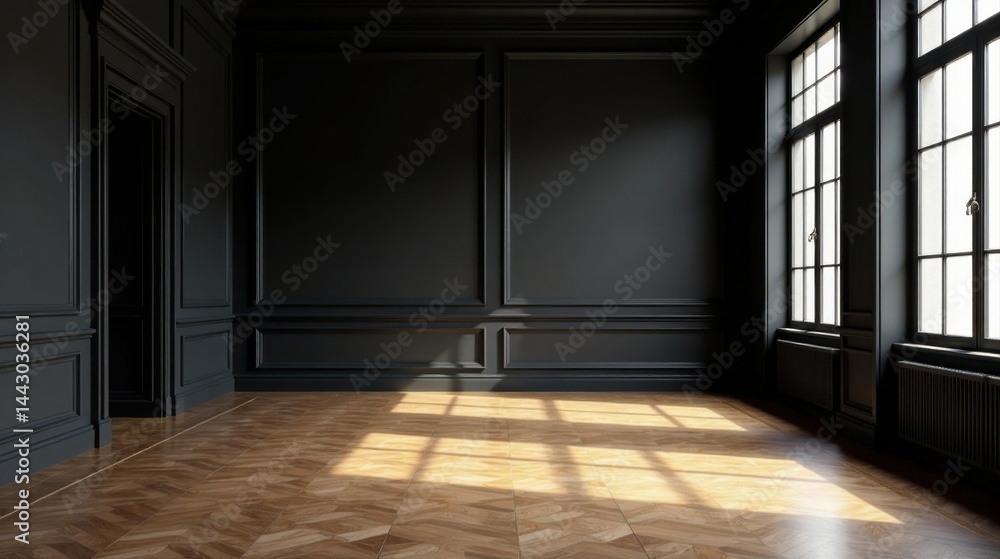 Obraz premium Sunlit Elegant Dark Room Interior Design with Wood Floor and Paneled Walls