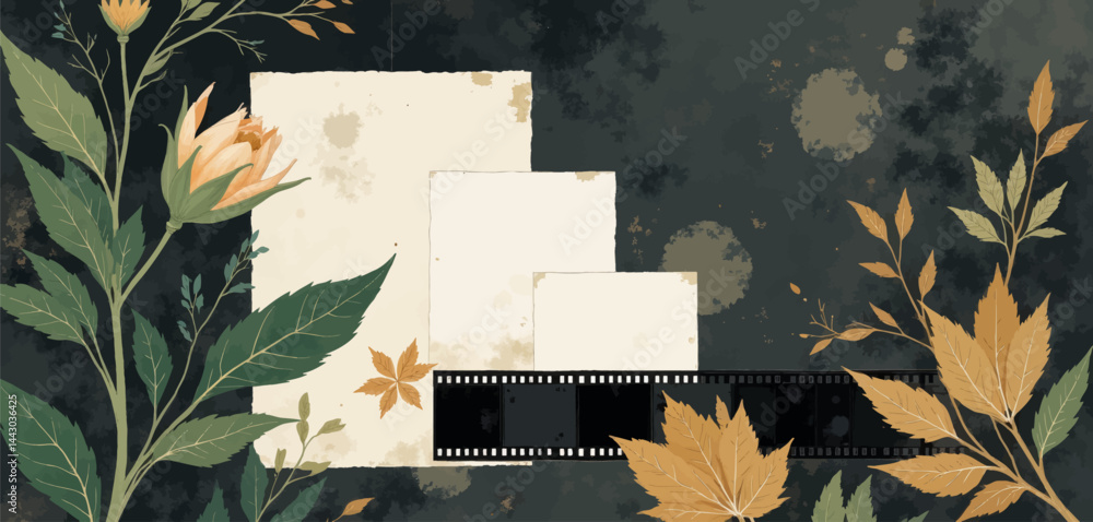 Floral botanical with vintage photo paper and film strip
