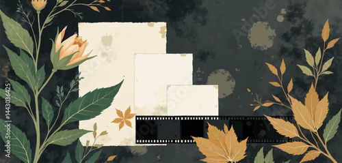 Obraz na płótnie Floral botanical with vintage photo paper and film strip w salonie