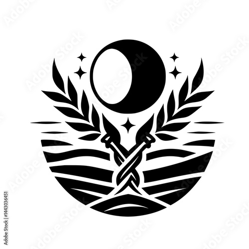 Stylized Black and White Celestial Nature Emblem with Moon, Stars, and Branches
