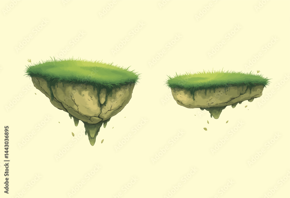 Floating Islands with Green Grass and Mossy Rock Texture