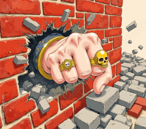 Obraz na płótnie Fist punching through brick wall, skull rings visible w salonie