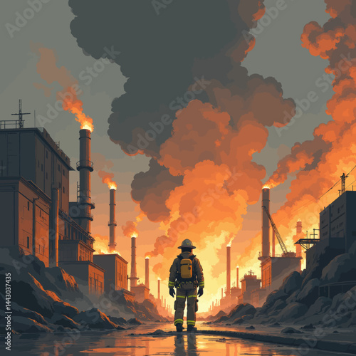 Obraz na płótnie Firefighter Facing Burning Industrial Landscape w salonie
