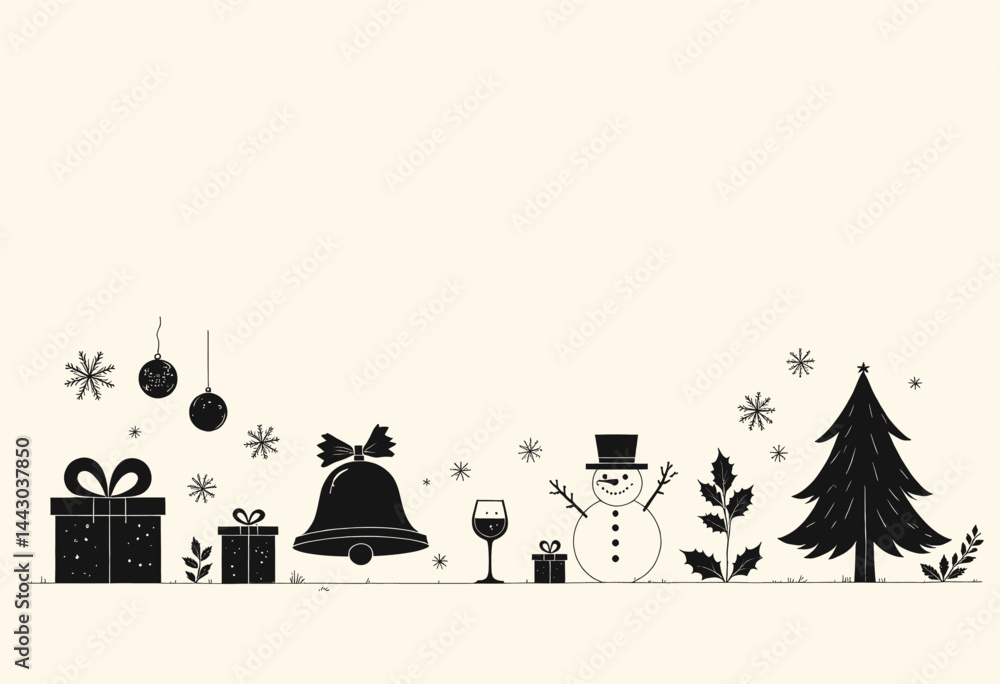 Festive Holiday Line Art with Snowman and Tree