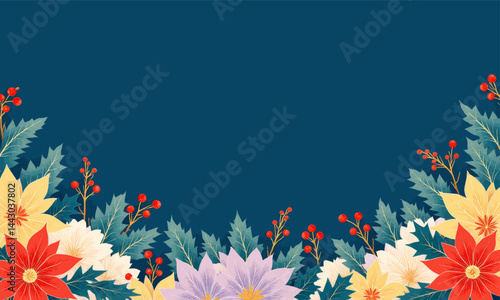 Obraz na płótnie Festive Poinsettia and Holly Berry Floral Border on Teal w salonie