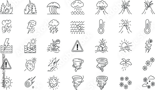 Disaster, weather hazard line icon set. Vector pictograms of natural and environmental calamities, wildfire, earthquake, tornado, flood, tsunami, volcanic eruption