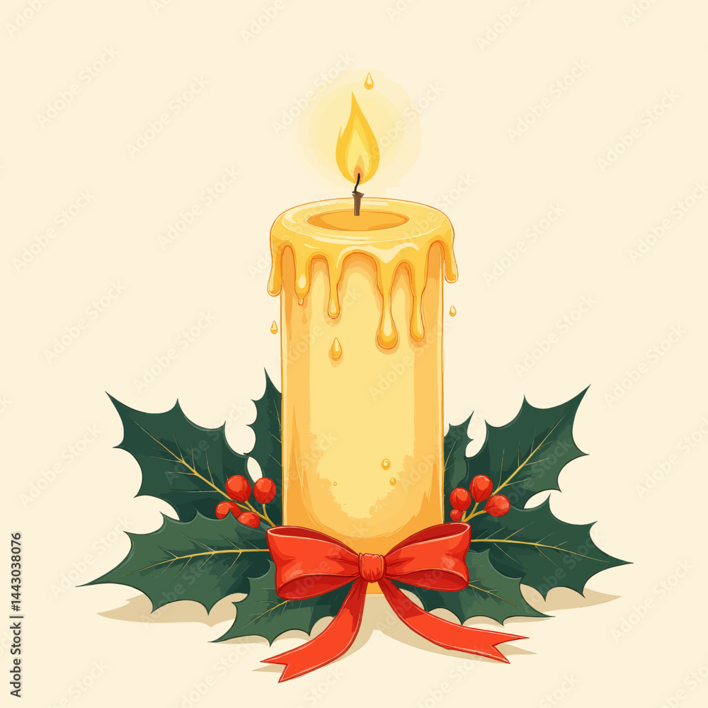 Festive Candle with Holly, Berries, and Red Bow