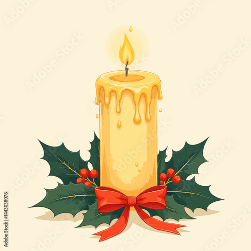 Obraz na płótnie Festive Candle with Holly, Berries, and Red Bow w salonie