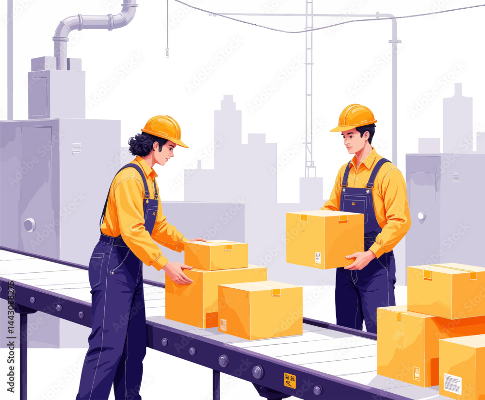 Factory workers with boxes on conveyor belt, stylized illustration