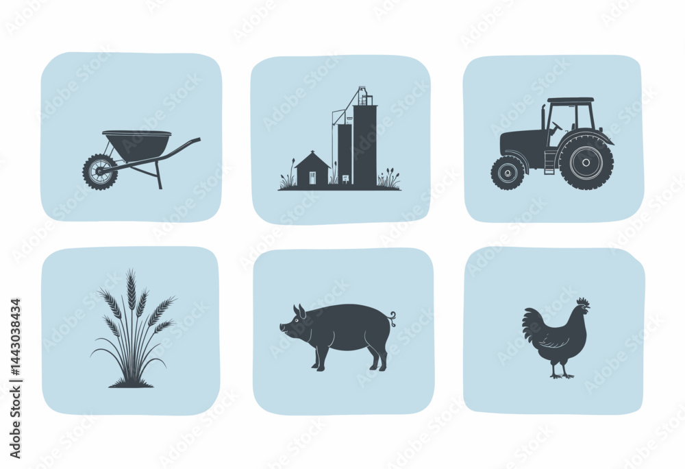 Farm Icons: Wheelbarrow, Silo, Tractor, Wheat, Pig, and Chicken