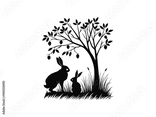 Easter Bunny with Decorated Eggs Hanging from Spring Tree – Silhouette Vector Illustration .