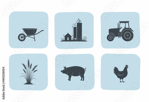 Obraz na płótnie Farm Icons: Wheelbarrow, Silo, Tractor, Wheat, Pig, and Chicken w salonie
