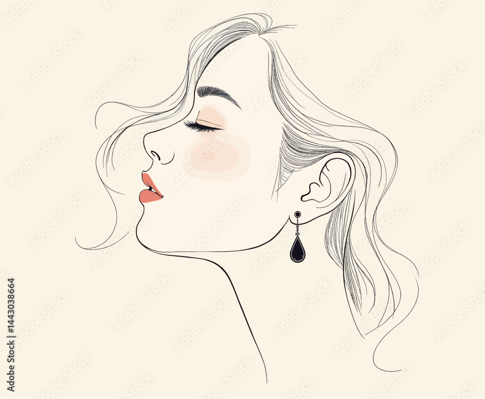 Elegant woman's profile with flowing hair and teardrop earring