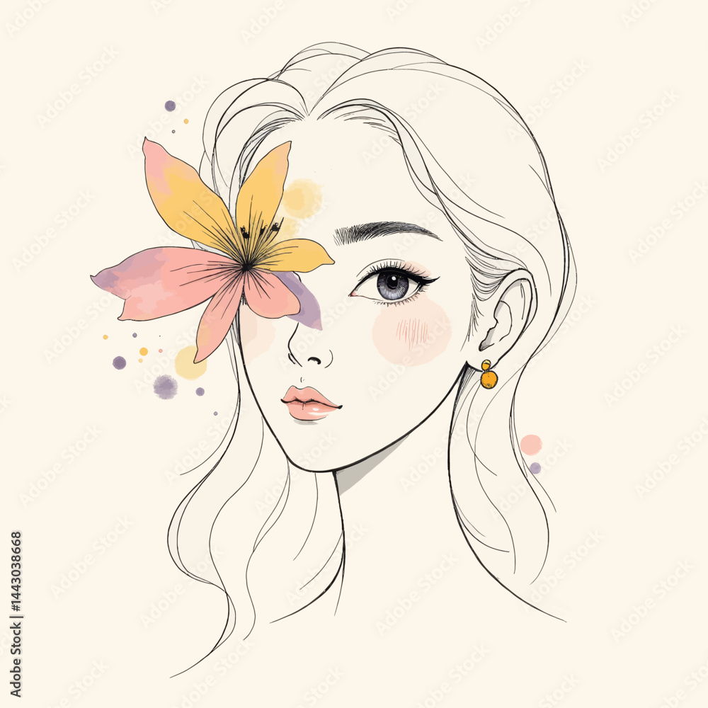 Elegant woman's line art portrait with flower detail