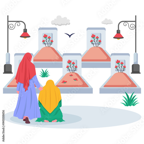 Women visiting graveyard concept,praying for mercy and forgiveness for those who have passed vector design, Eid al-Adha scene, Eid-al-Kabir Hajj banner, Traditional Arabic Muslim Festival illustration