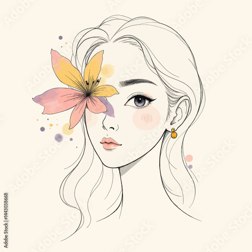 Obraz na płótnie Elegant woman's line art portrait with flower detail w salonie