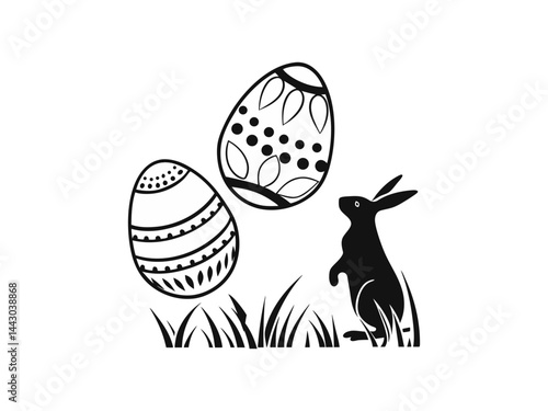 Easter Bunny with Decorated Eggs Hanging from Spring Tree – Silhouette Vector Illustration .